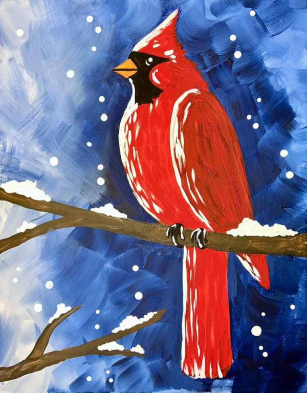 Come and be part of this enchanting winter cardinal painting session, featuring a cardinal perched on a snow-covered branch against a stunning blue background adorned with delicate snowflakes.