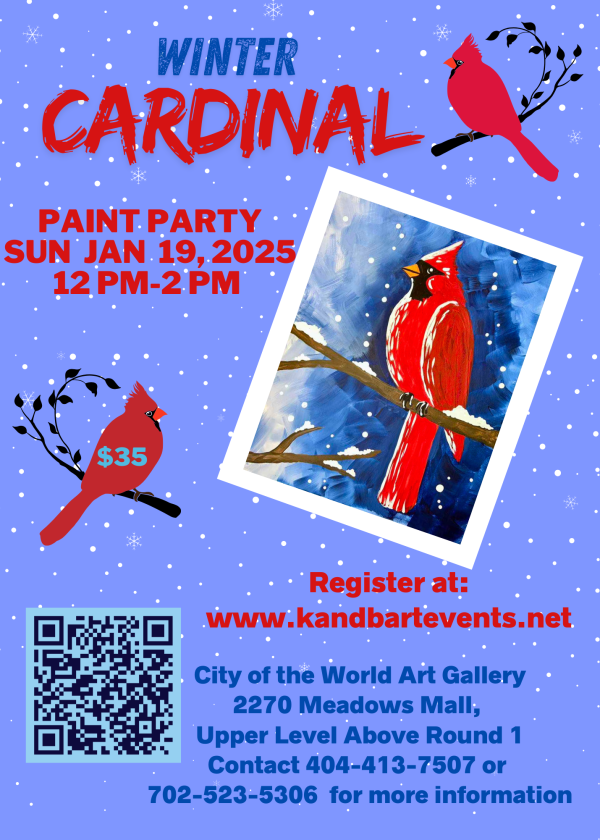 Come and be part of this enchanting winter cardinal painting session, featuring a cardinal perched on a snow-covered branch against a stunning blue background adorned with delicate snowflakes.